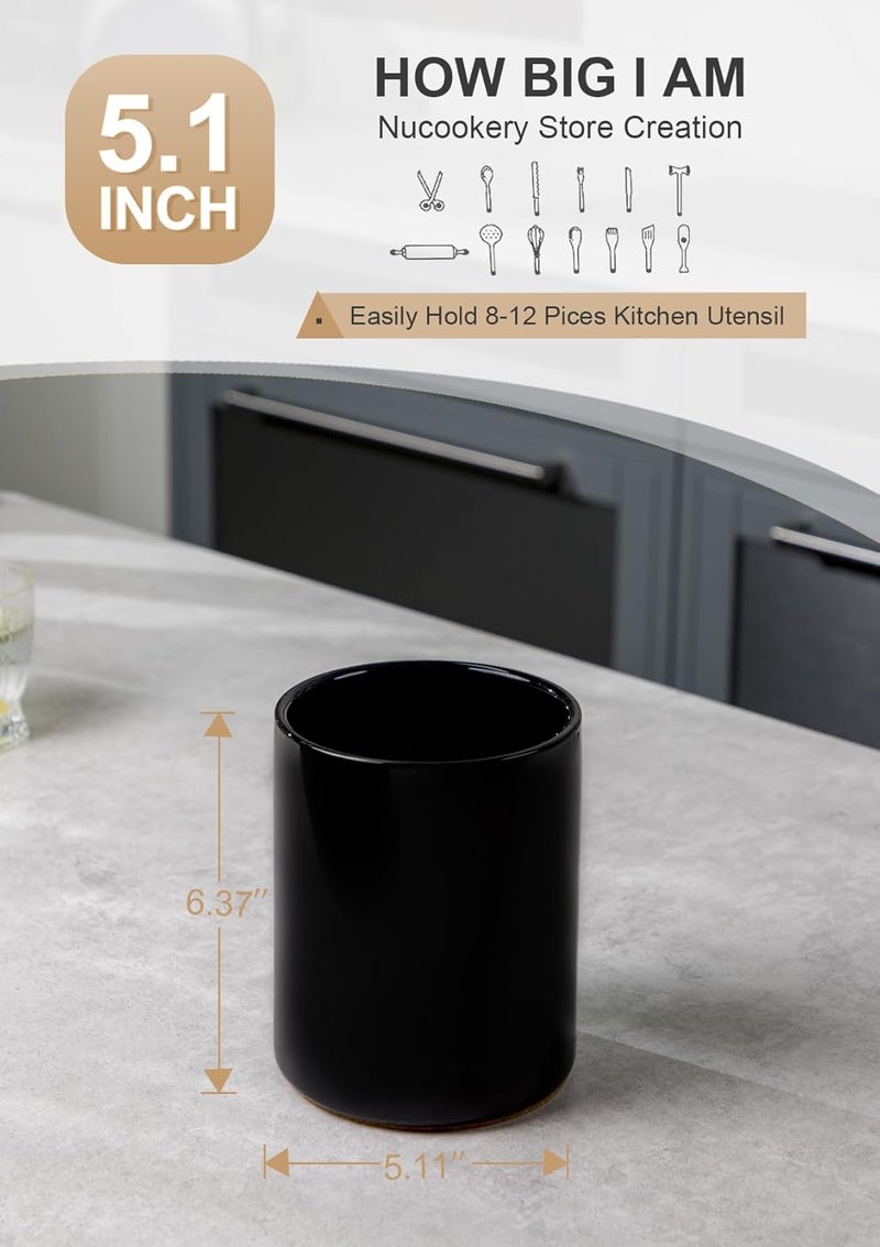 Nucookery Utensil Holder, 6.4" Ceramic Kitchen Utensil Holder with Countertop-Protection Cork Bottom, Farmhouse Kitchen Decor for Counter (Black) - Image 2